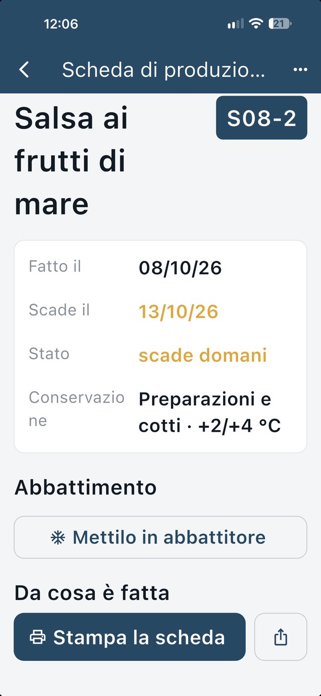 Scheda di produzione della salsa ai frutti di mare nell'applicazione KitchenTrace: data, scadenza, conservazione