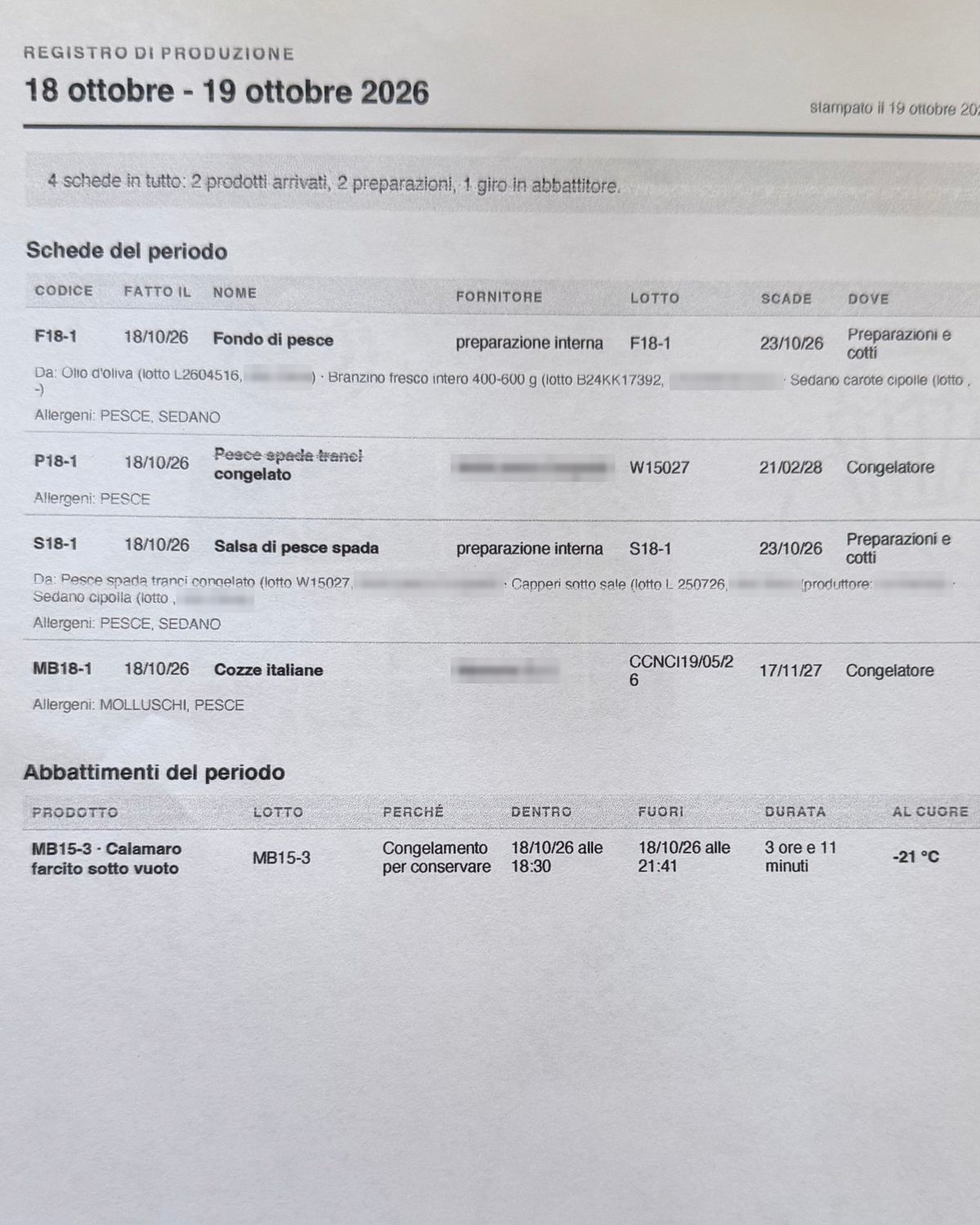 A two-day production record book printed from the app: prep records and blast chiller records